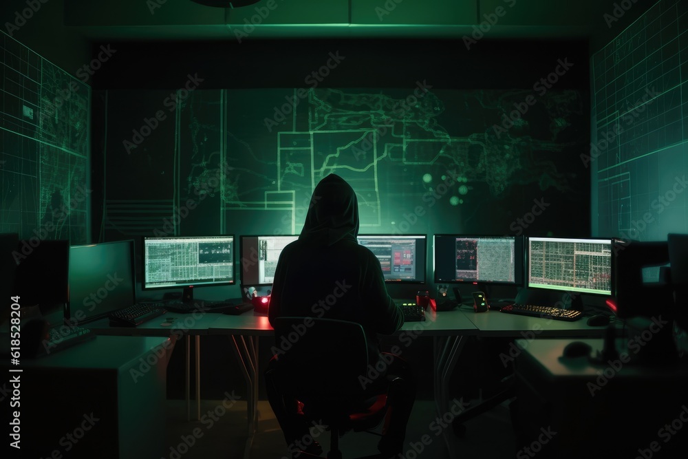 Back view of hacker wearing a hoodie sitting at their desk break into a secure network with their computer, AI generated Back view of hacker wearing a hoodie sitting at their desk break into a secure network with their computer, AI generated