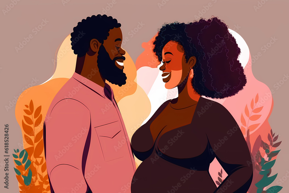 African American husband and happy wife are expecting a baby - a pregnant woman smiles broadly at her spouse