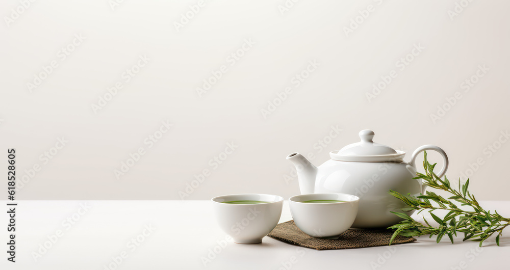 Asian tea utensils for the traditional tea ceremony. Green tea leaves. Teapot and cup ceramic isolated on a light flat background with copy space for text. Banner template. Generative AI photo. Asian tea utensils for the traditional tea ceremony. Green tea leaves. Teapot and cup ceramic isolated on a light flat background with copy space for text. Banner template. Generative AI photo.