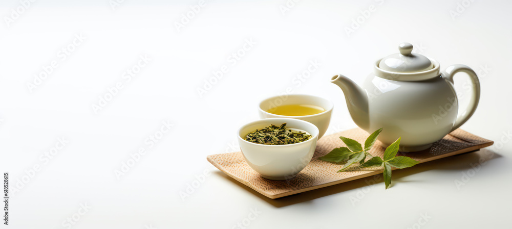 Asian tea utensils for the traditional tea ceremony. Green tea leaves. Teapot and ceramic cup isolated on a light flat background with copy space. Banner template. Generative AI photo. Asian tea utensils for the traditional tea ceremony. Green tea leaves. Teapot and ceramic cup isolated on a light flat background with copy space. Banner template. Generative AI photo.