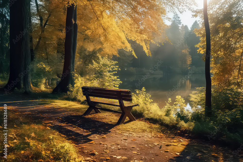 bench in autumn forest with sunlight, AI