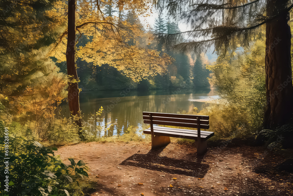 bench in autumn forest with sunlight, AI