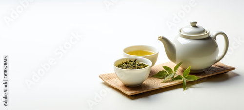 Asian tea utensils for the traditional tea ceremony. Green tea leaves. Teapot and ceramic cup isolated on a light flat background with copy space. Banner template. Generative AI photo.