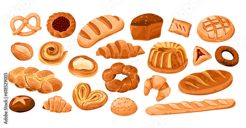 Bakery products set. A variety of pastries from the dough. Homemade cakes. Cartoon vector illustration.
