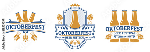 Oktoberfest logo or label set. Beer festival vintage design. October fest emblem, poster or banner template. Traditional German, Bavarian beer festival sign or icon. Vector illustration.