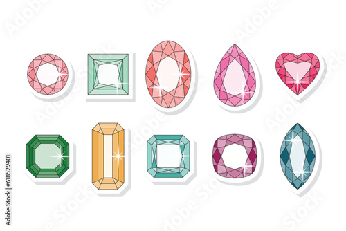 Gemstones collection different colours and shapes. Vintage cartoon style. Isolated on white. Vector