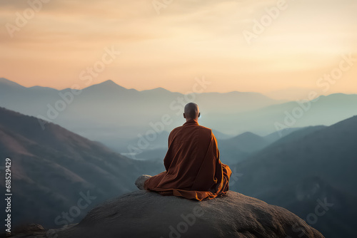 Fotografia Buddhist monk in meditation on a beautiful sunset background on a high mountain