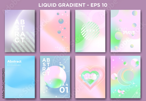Set of Abstract Pastel Posters in liquid gradient concept. Modern and trendy holographic pastels. Elements of Geometric shapes and lines. Editable Vector Illustration. EPS 10.