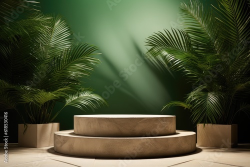 Natural stone podium palm leaf shade in green background shade Beauty cosmetic showcase