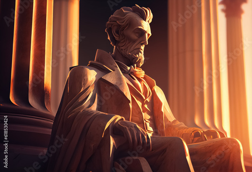 illustration of USA President Abraham Lincoln and American flag. AI