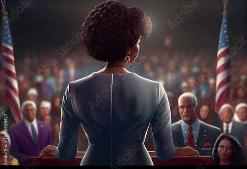 illustration of woman speaking to the public at a presidential vote . ai