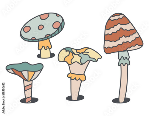 Psychedelic doodle hallucinogenic poisonous mushrooms. Vector isolated retro hippie illustration in groovy style.