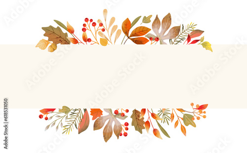 Autumn banner with watercolor leaves, branches and berries isolated on white background. Fall season vector illustration for greeting cards, invitations, quotes and decorations