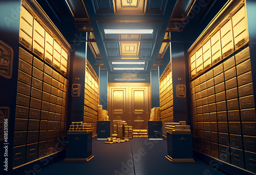 illustration of gold storage in a bank vault financial concept. AI