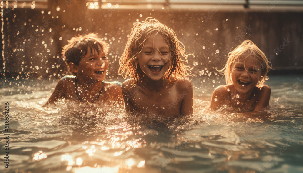 Smiling children splashing in the pool together generated by AI