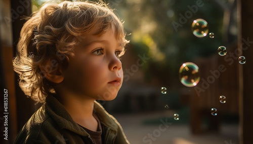Smiling boys blowing bubbles in nature beauty generated by AI