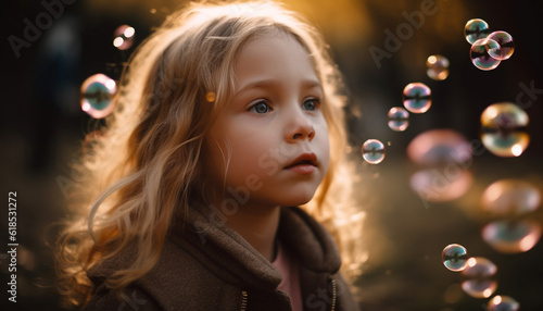 Blond girl blowing bubbles, enjoying carefree childhood generated by AI