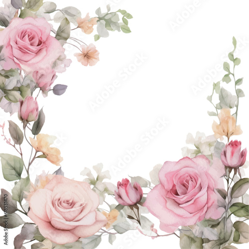 Watercolor Romantic Pink Rose Flowers Frame. Isolated Wedding Clipart Illustration for Invitation card, Logo, Greeting Card, Banners and more.