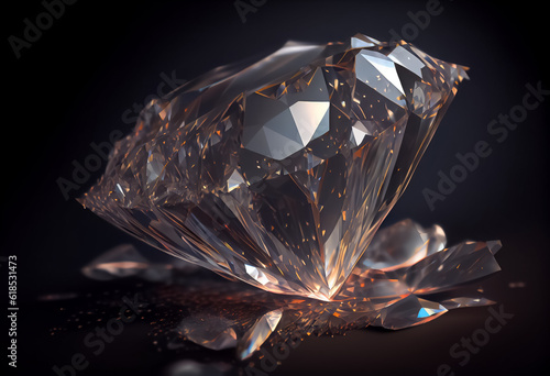 illustration of huge bright diamond close up on dark background. AI