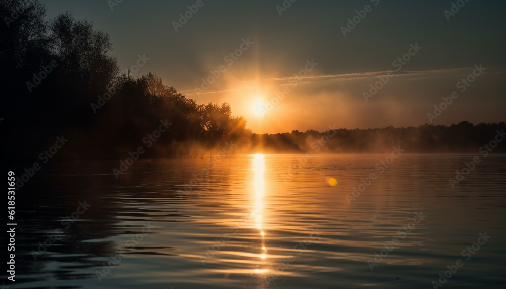 Tranquil sunset over water, nature beauty shines generated by AI