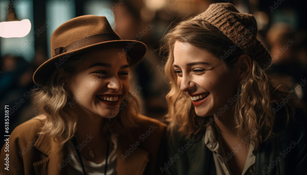 Smiling young women enjoy carefree city life together generated by AI