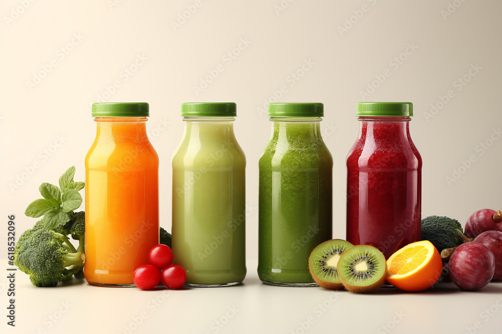 Bottles of healthy smoothie with different vegetables, fruit on light background. Healthy lifestyle. Generative AI Bottles of healthy smoothie with different vegetables, fruit on light background. Healthy lifestyle. Generative AI