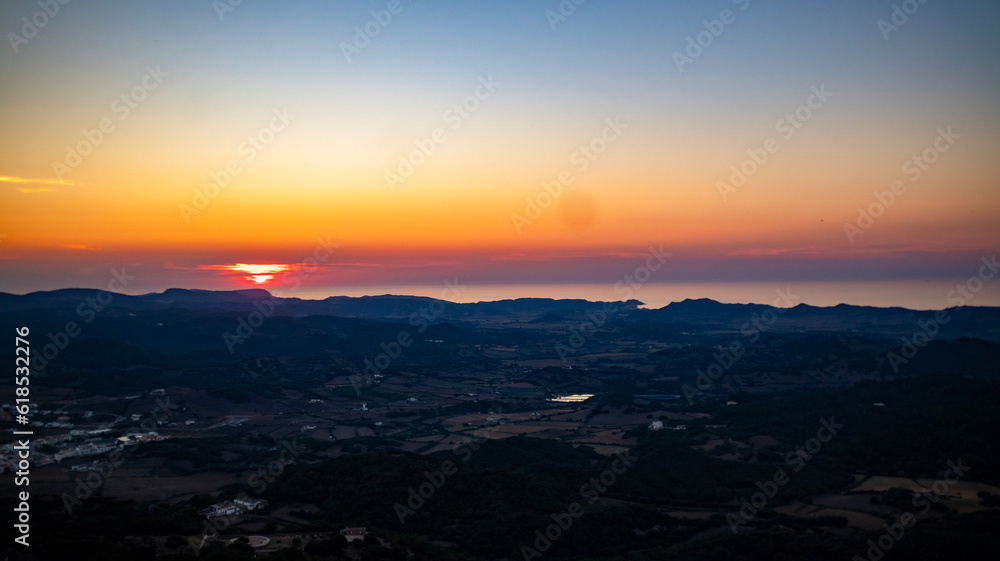 Spain, Balearic Islands, Menorca, Aerial panorama of Sanctuary of Verge del Toro at sunset