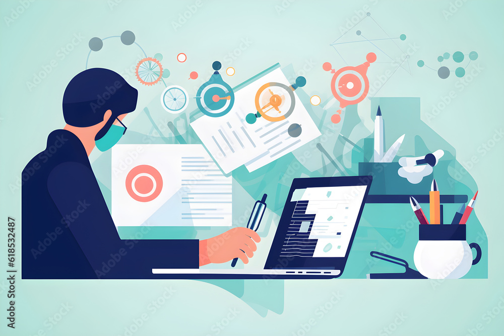Flat vector illustration science research and hands in lab with notebook and computer on scientific analysis experiment internet and analytics scientist in laboratory with data vision and future in me Flat vector illustration science research and hands in lab with notebook and computer on scientific analysis experiment internet and analytics scientist in laboratory with data vision and future in me
