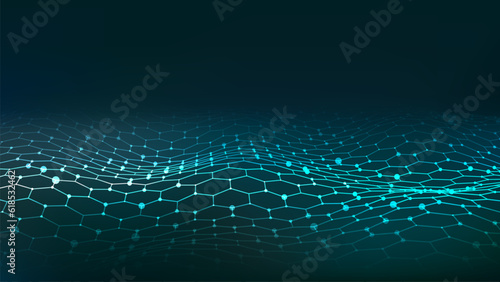 Digital hexagon dynamic wave of particles. Vector abstract blue futuristic background. Big data visualization.