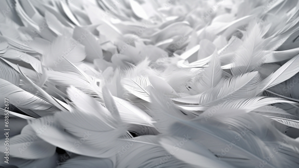 Closeup, white and feather background for peace, calm and spirituality for God, religion and hope. Ai generated, feathers and bird plumage for creative banner, texture or detail space for angel faith Closeup, white and feather background for peace, calm and spirituality for God, religion and hope. Ai generated, feathers and bird plumage for creative banner, texture or detail space for angel faith
