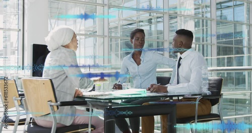 Animation of soundbars, waves and computer language, diverse coworkers discussing reports in office photo