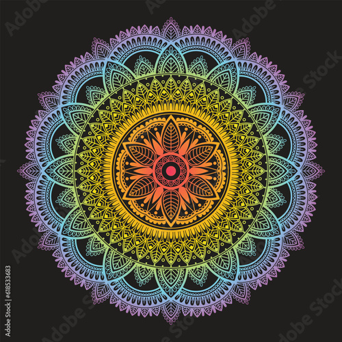 Detailed ethnic multicolored mandala on white background.