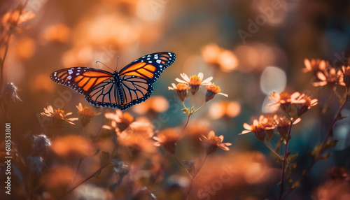 Vibrant butterfly pollinates multi colored flower in meadow generated by AI © Jeronimo Ramos