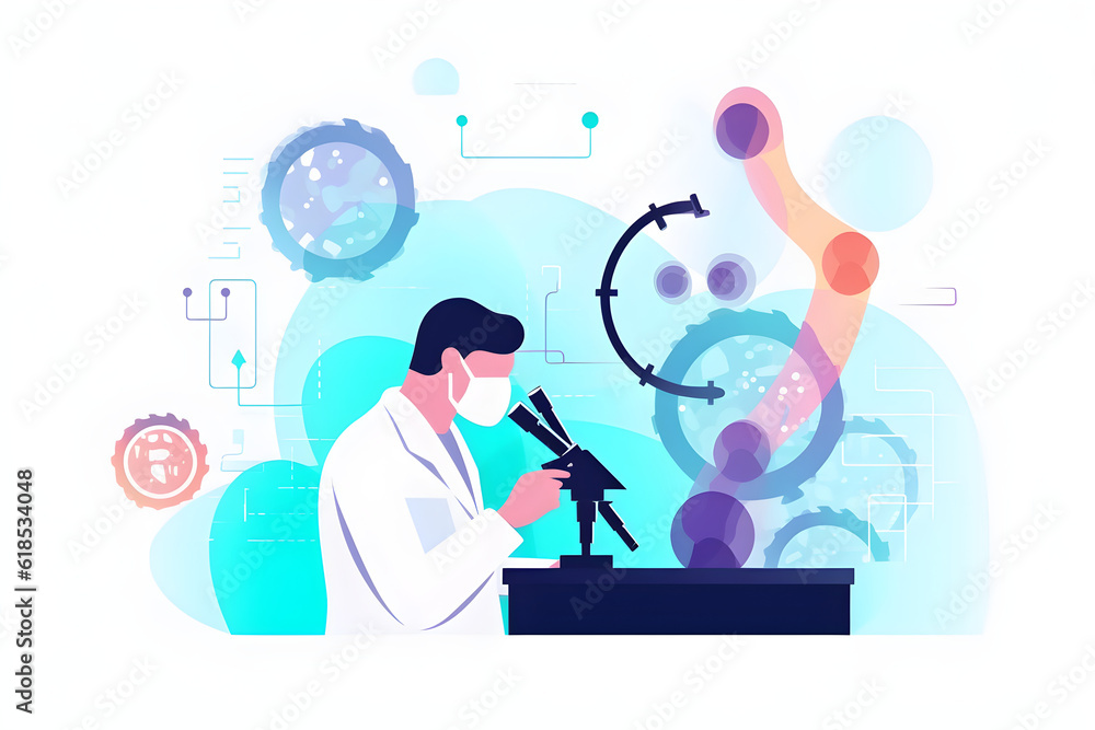 Flat vector illustration research and developement concept background scientist or reseacher using microscope in biotechnology laboratory overlay with dna strand and molecules symbo concept of dna eng Flat vector illustration research and developement concept background scientist or reseacher using microscope in biotechnology laboratory overlay with dna strand and molecules symbo concept of dna eng