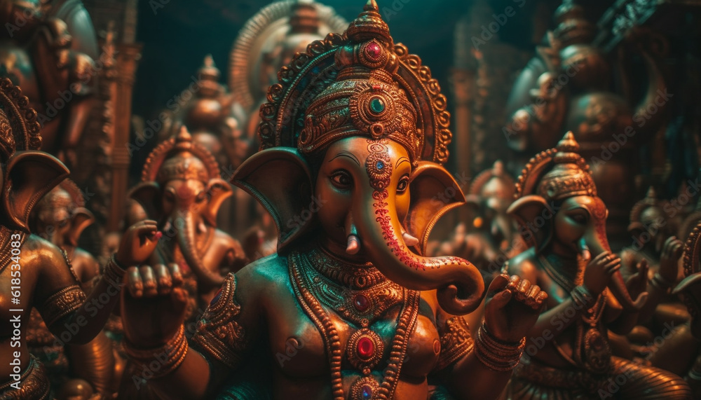 Multi colored elephant statue symbolizes Hinduism spirituality and beauty generated by AI