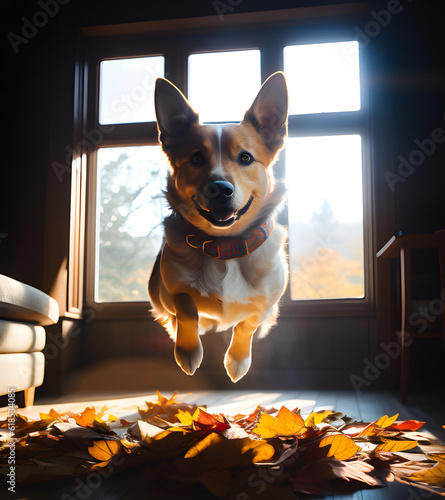 Illustration d'un chien sautant sur des feuilles d'automne ,IA générative. photo