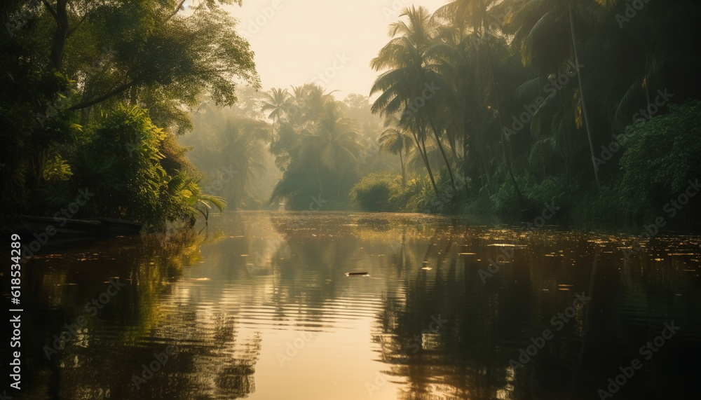 Tranquil sunset over tropical rainforest and pond generated by AI