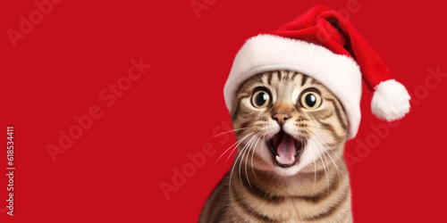 Surprised cat dressed in Santa Claus hat, on red background, winter holidays sale banner, ai generative © paffy