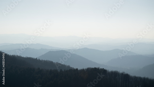 Mountain layers in haze, view from mountain Ljubic near Prnjavor