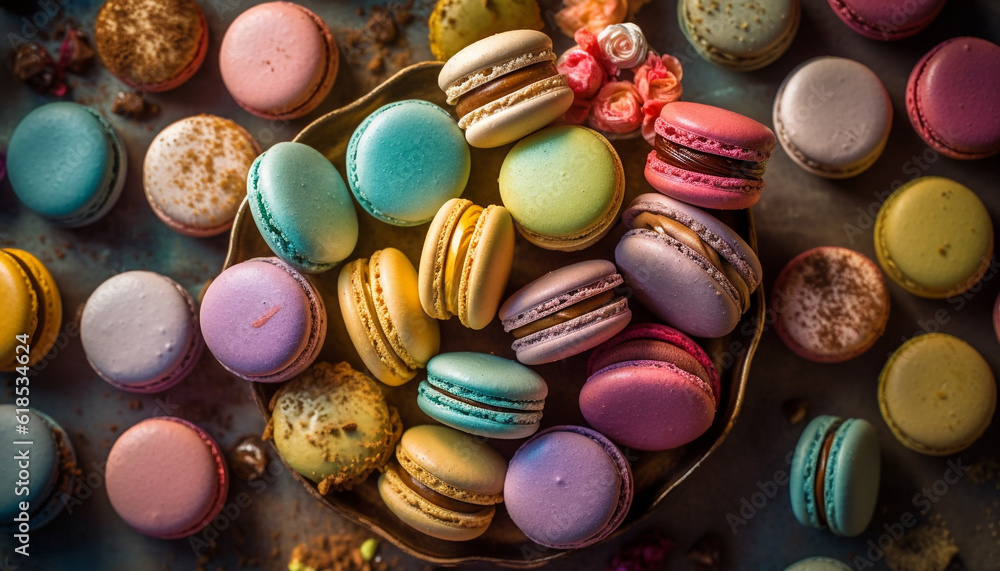 Multi colored macaroons stacked high on wooden table generated by AI Multi colored macaroons stacked high on wooden table generated by AI