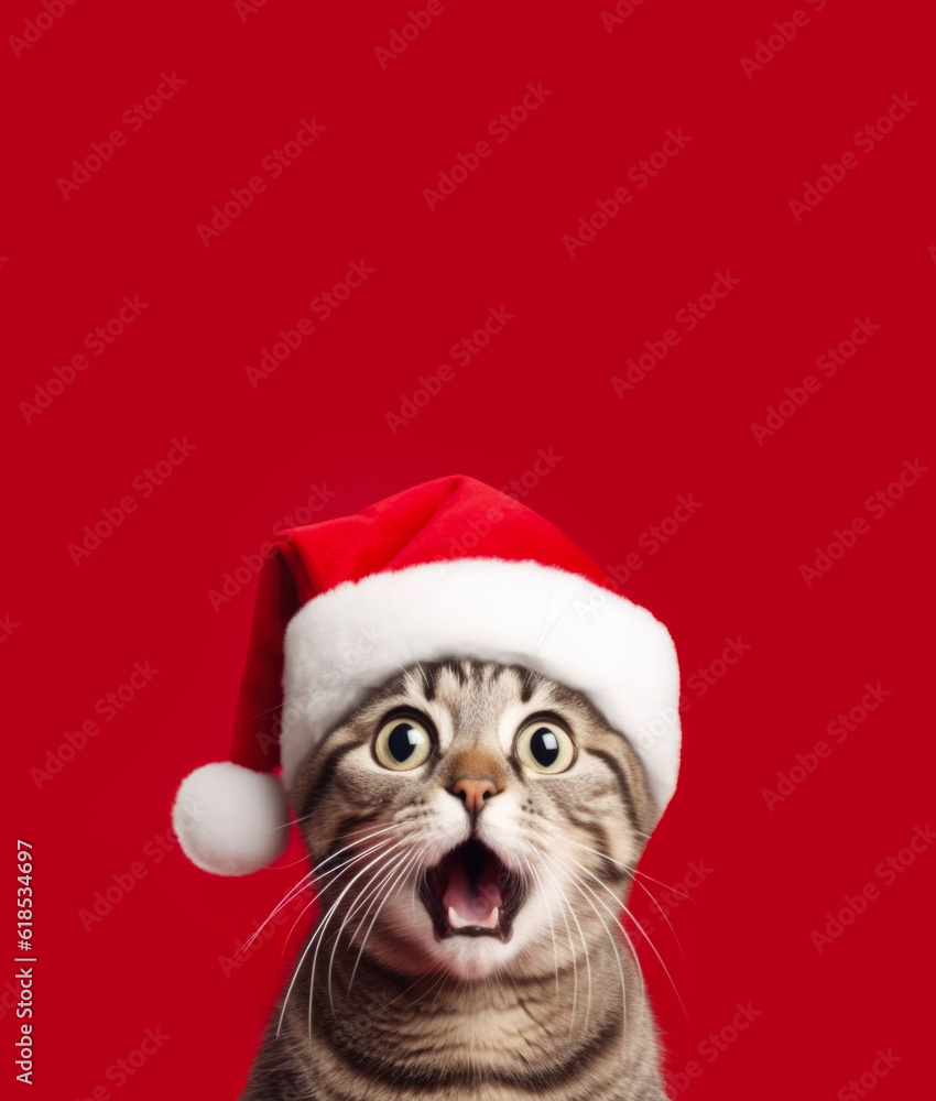 Surprised cat dressed in Santa Claus hat, on red background, with copy space above, ai generative Surprised cat dressed in Santa Claus hat, on red background, with copy space above, ai generative