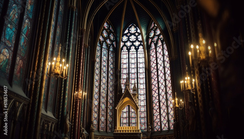 Stained glass illuminates majestic gothic basilica interior generated by AI