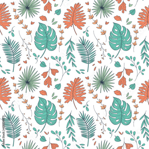 Tropical foliage background in autumn colors. Botanical seamless pattern. Tropical palm leaves in doodle style on light background