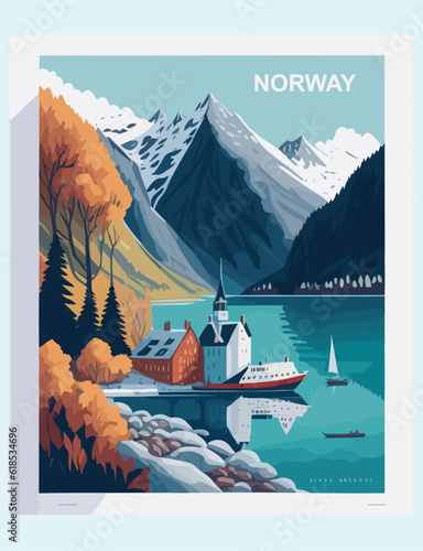 Colourful vintage poster design of the Norway