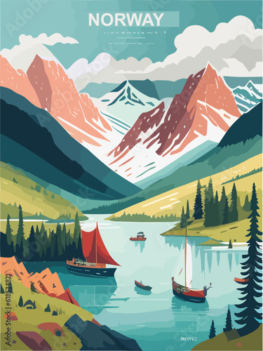 Colourful vintage poster design of the Norway