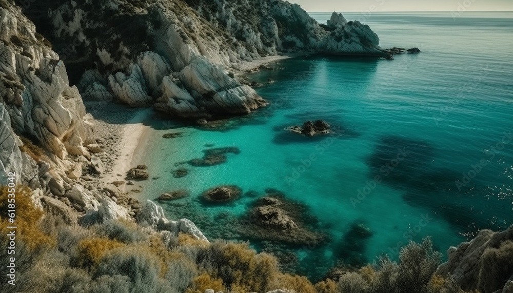 Tranquil scene of turquoise waters and rocky coastline generated by AI