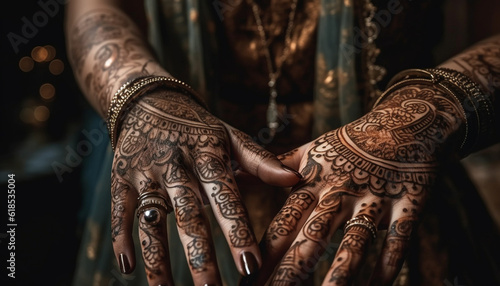 Elegant henna tattoo decorates young bride hand generated by AI