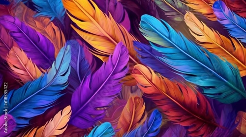 colorful feathers leave on the living wall 3d abstract.Generative AI © sudipdesign