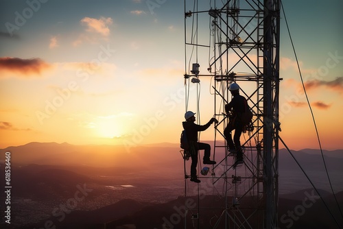 Silhouette worker construction of high voltage tower extension on blurred natural background