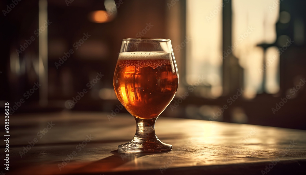 Frothy beer glass on wooden table at pub generated by AI Frothy beer glass on wooden table at pub generated by AI